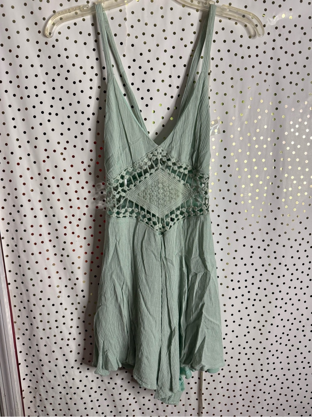 En Creme Light Sage Crochet-Trim V-Neck Romper